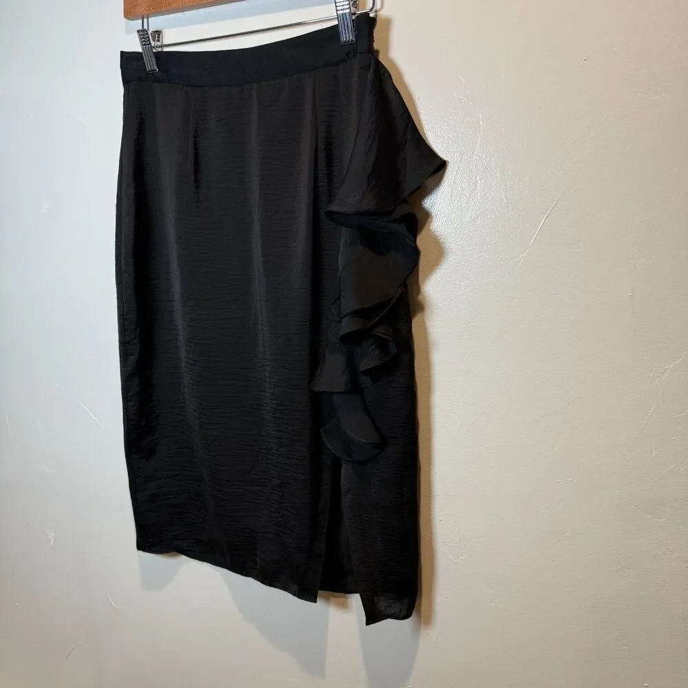 Belle Badgley Mischka Skirt Black Ruffle High Waist Pencil Skirt Size 4 *TEAR*